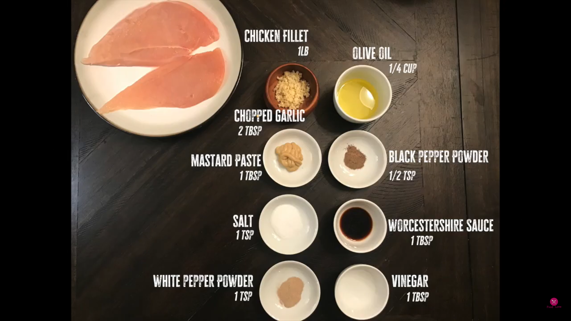 a picture that has all the ingredients required for the chicken steak