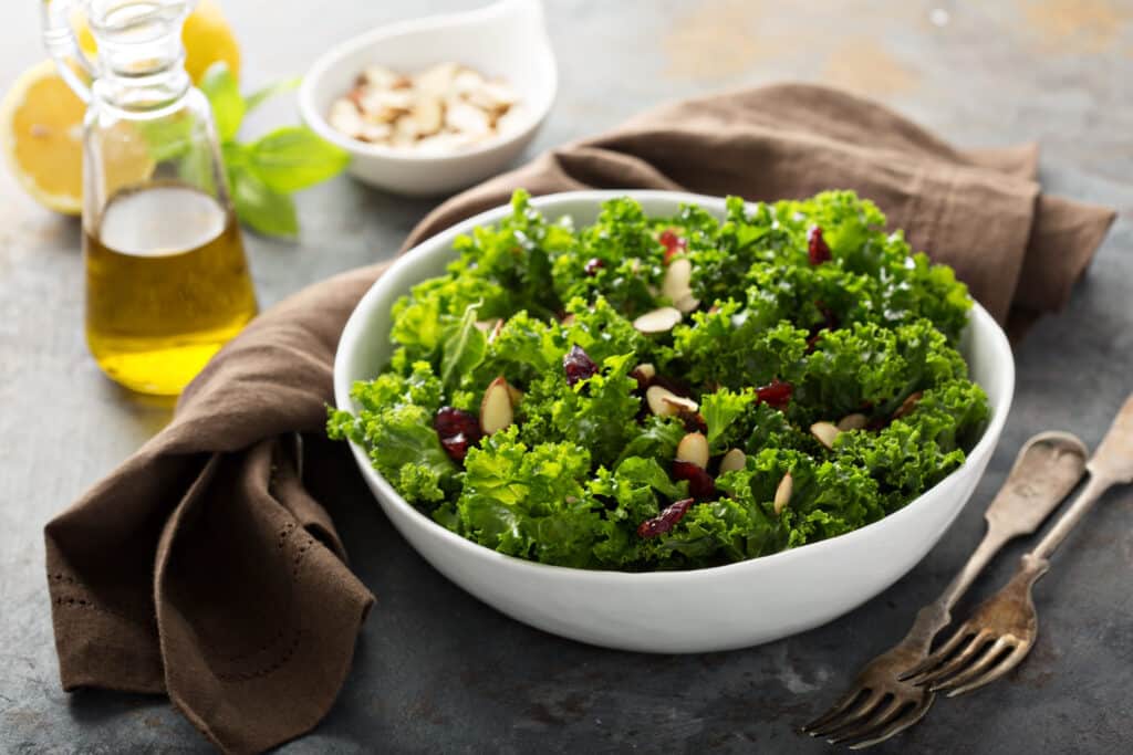 Fresh and healthy salad with kale, almond and cranberry