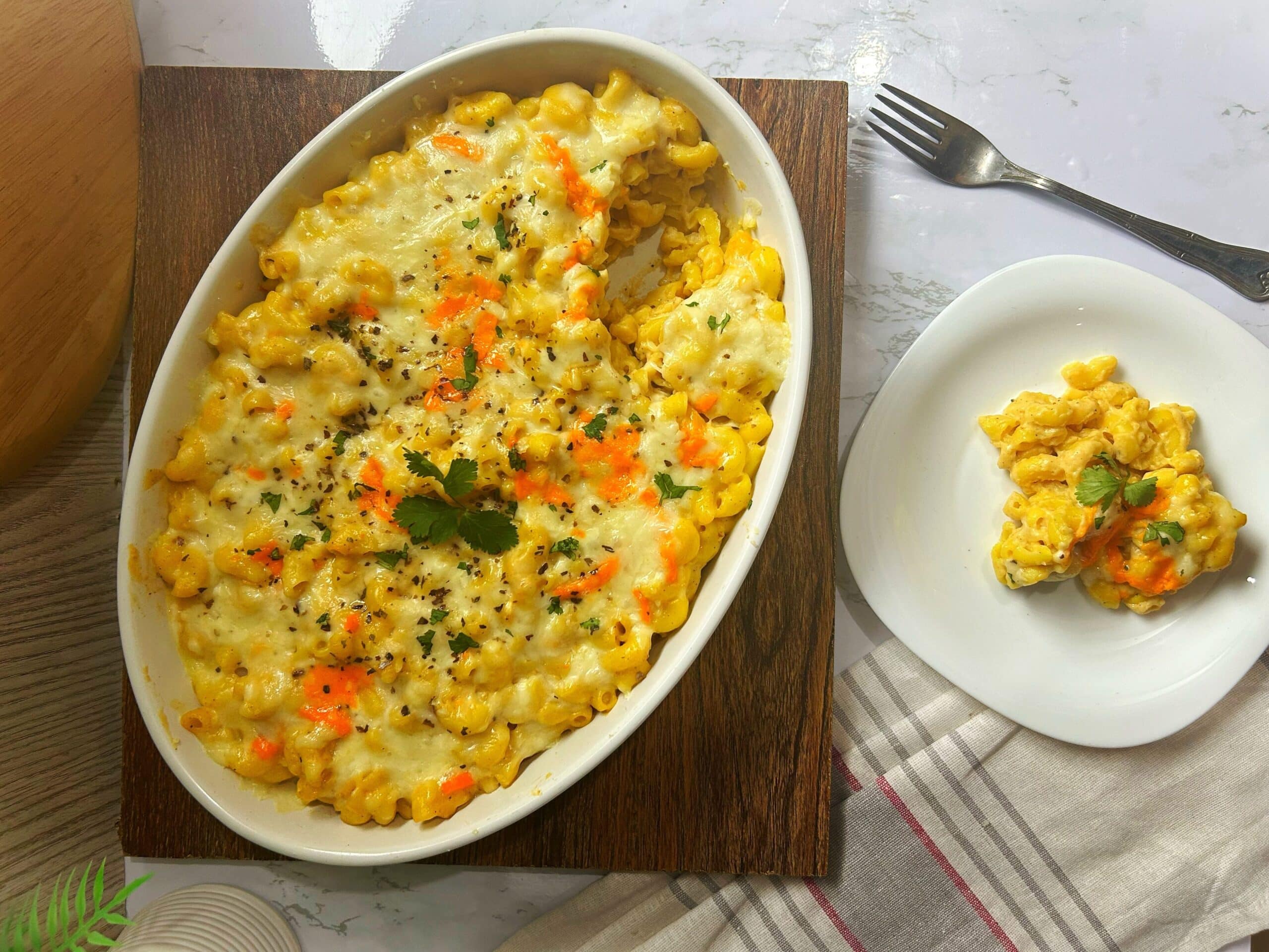 creamy mac and cheese served in a dish