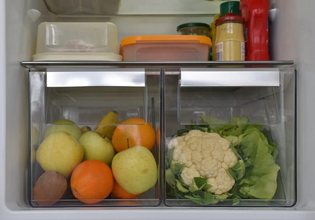 fruits and vegetables in a fridge